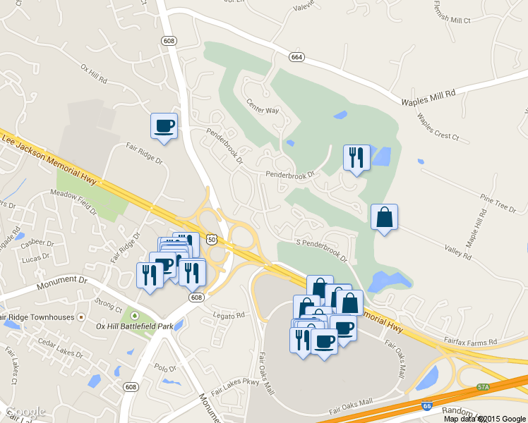 map of restaurants, bars, coffee shops, grocery stores, and more near Penderbrook Dr S & Ridge Knoll Rd in Fairfax