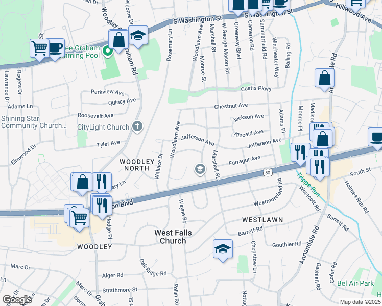map of restaurants, bars, coffee shops, grocery stores, and more near 7001 Ellen Avenue in Falls Church