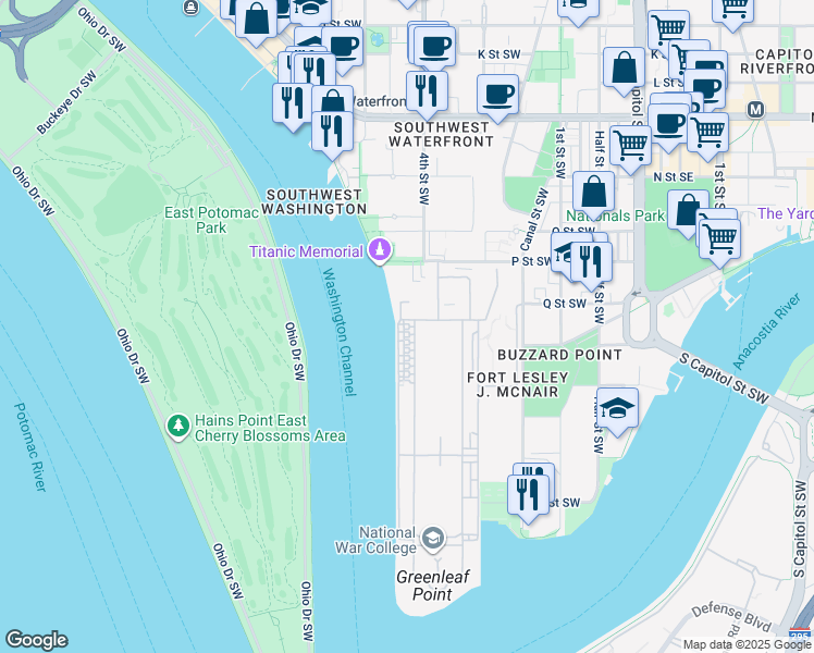 map of restaurants, bars, coffee shops, grocery stores, and more near 201 2nd Avenue in Washington