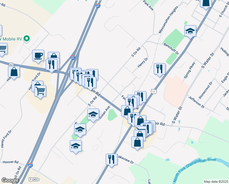 map of restaurants, bars, coffee shops, grocery stores, and more near 211 Fairground Road in Woodstock
