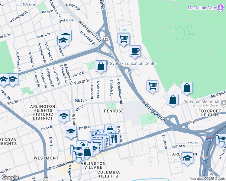 map of restaurants, bars, coffee shops, grocery stores, and more near 403 South Veitch Street in Arlington