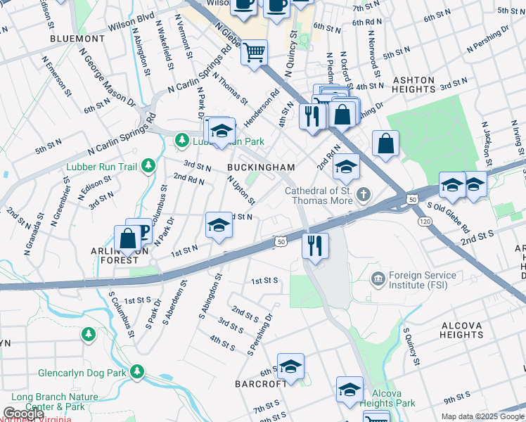 map of restaurants, bars, coffee shops, grocery stores, and more near 4490 North Pershing Drive in Arlington