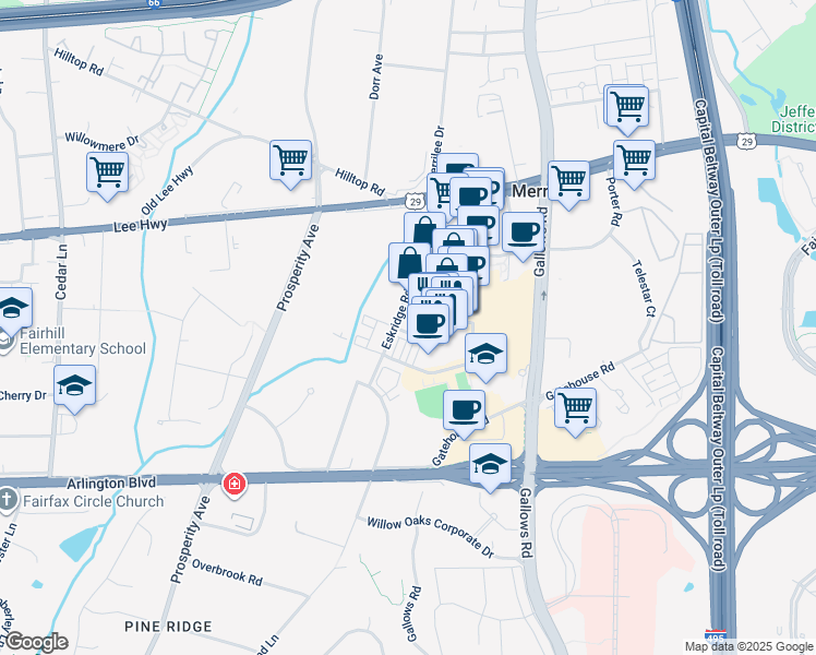 map of restaurants, bars, coffee shops, grocery stores, and more near 3002 District Avenue in Fairfax