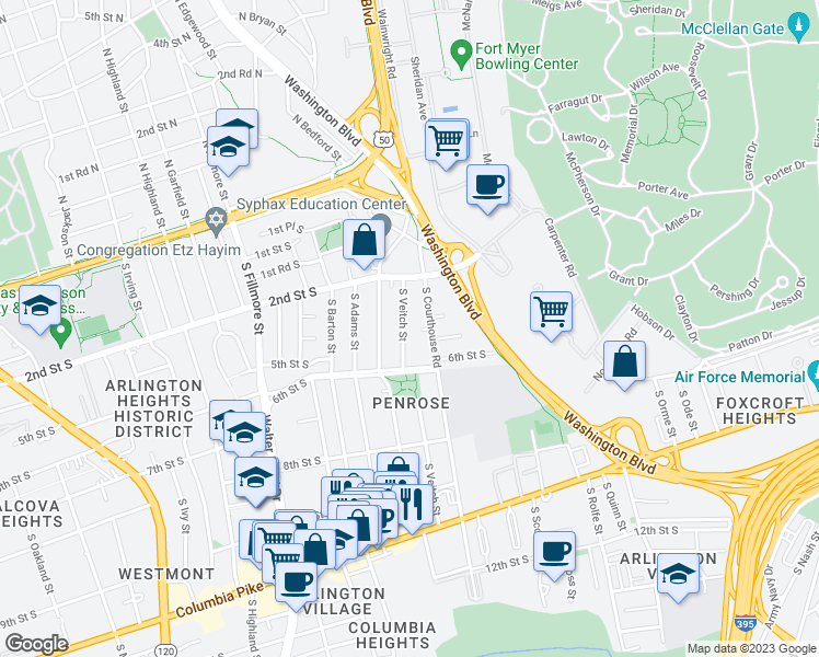 map of restaurants, bars, coffee shops, grocery stores, and more near 403 South Veitch Street in Arlington