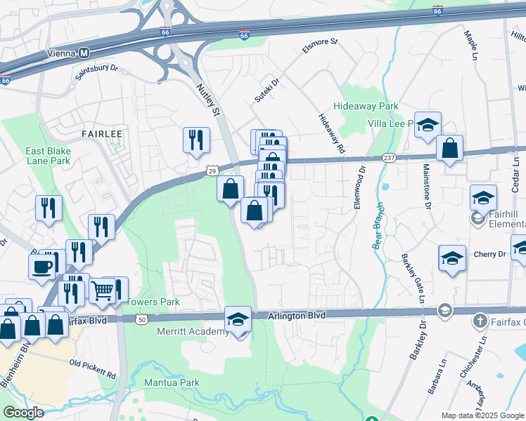 map of restaurants, bars, coffee shops, grocery stores, and more near 9377A U.S. 29 in Fairfax