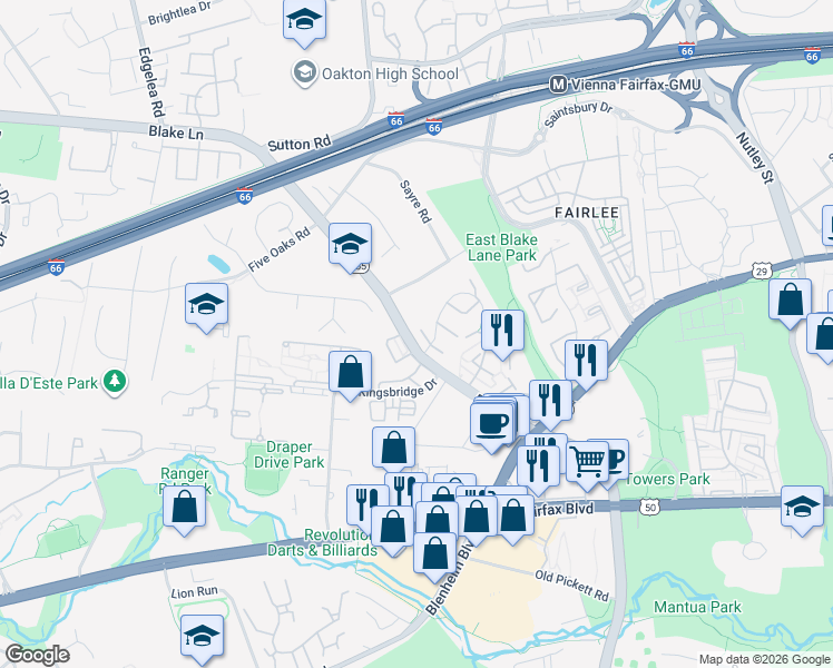 map of restaurants, bars, coffee shops, grocery stores, and more near 9686 Lindenbrook Street in Fairfax