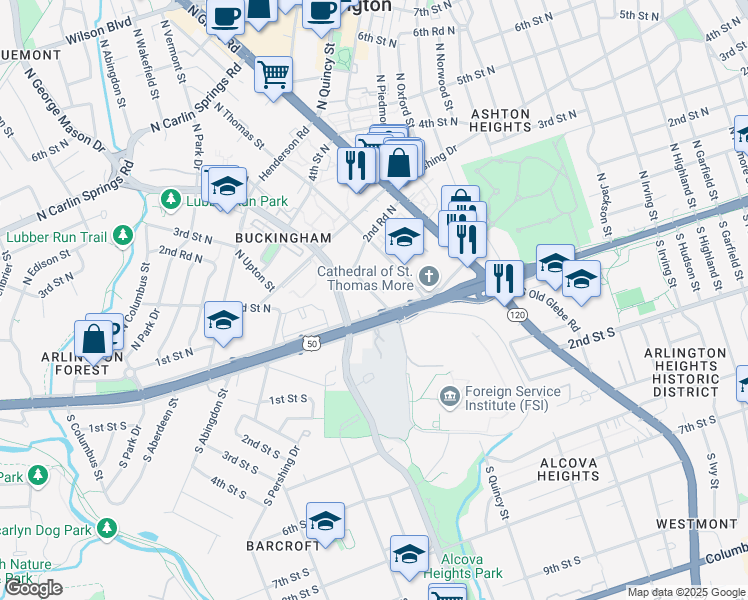 map of restaurants, bars, coffee shops, grocery stores, and more near 100 North Trenton Street in Arlington