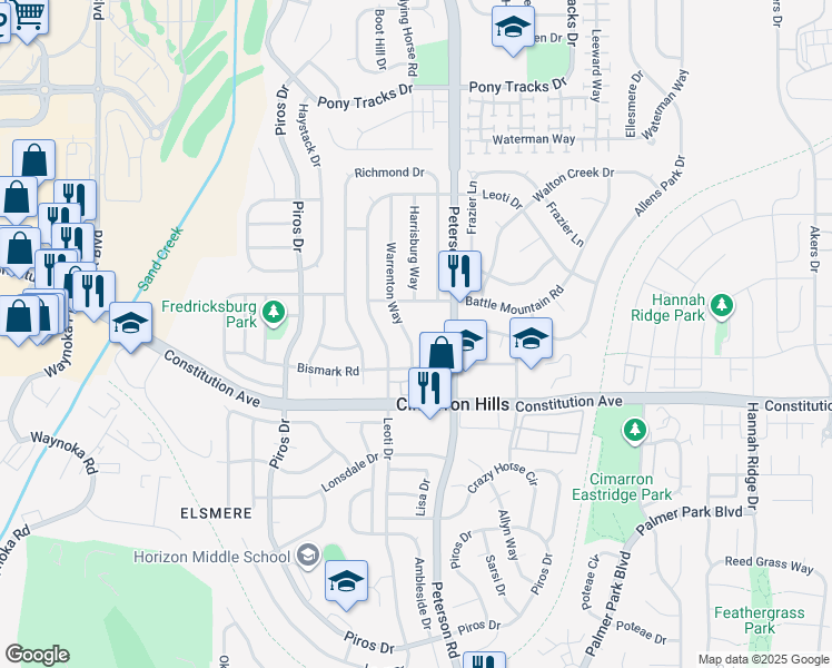 map of restaurants, bars, coffee shops, grocery stores, and more near 2620 Warrenton Way in Colorado Springs