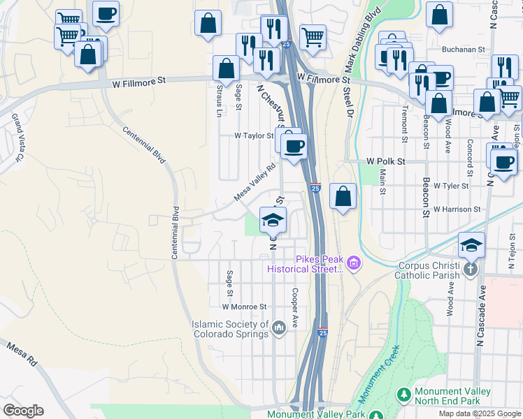 map of restaurants, bars, coffee shops, grocery stores, and more near 2617 North Chestnut Street in Colorado Springs