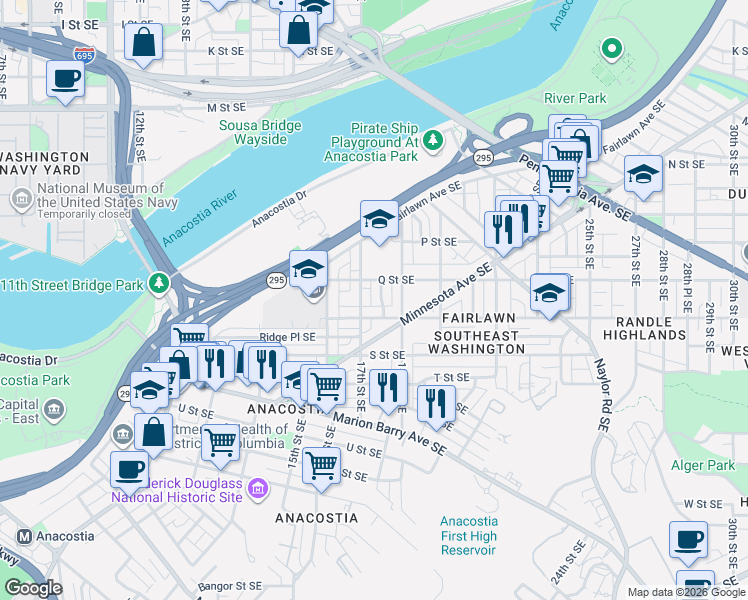 map of restaurants, bars, coffee shops, grocery stores, and more near 101 Independence Avenue Southeast in Washington
