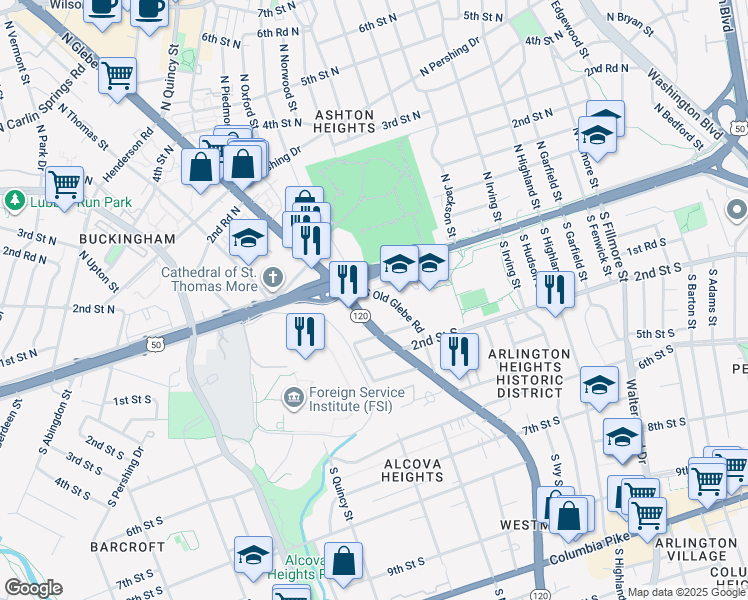 map of restaurants, bars, coffee shops, grocery stores, and more near 30 South Old Glebe Road in Arlington
