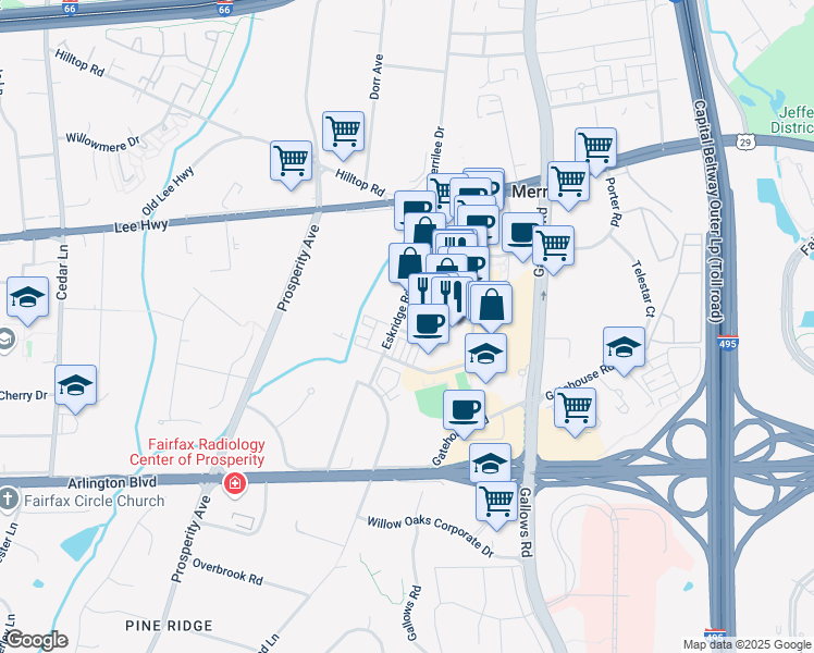 map of restaurants, bars, coffee shops, grocery stores, and more near 3002 District Avenue in Fairfax