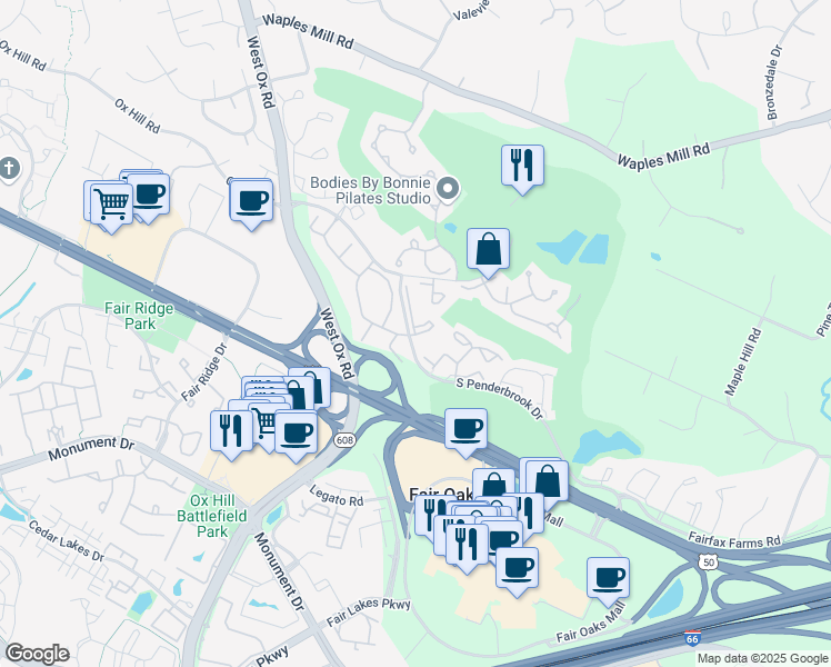map of restaurants, bars, coffee shops, grocery stores, and more near 3887 Ridge Knoll Drive in Fairfax