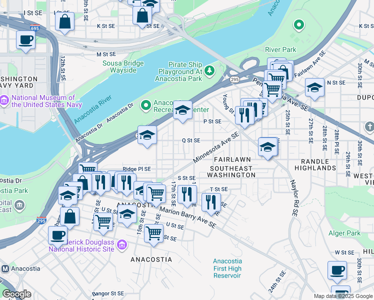 map of restaurants, bars, coffee shops, grocery stores, and more near 1616 17th Place Southeast in Washington