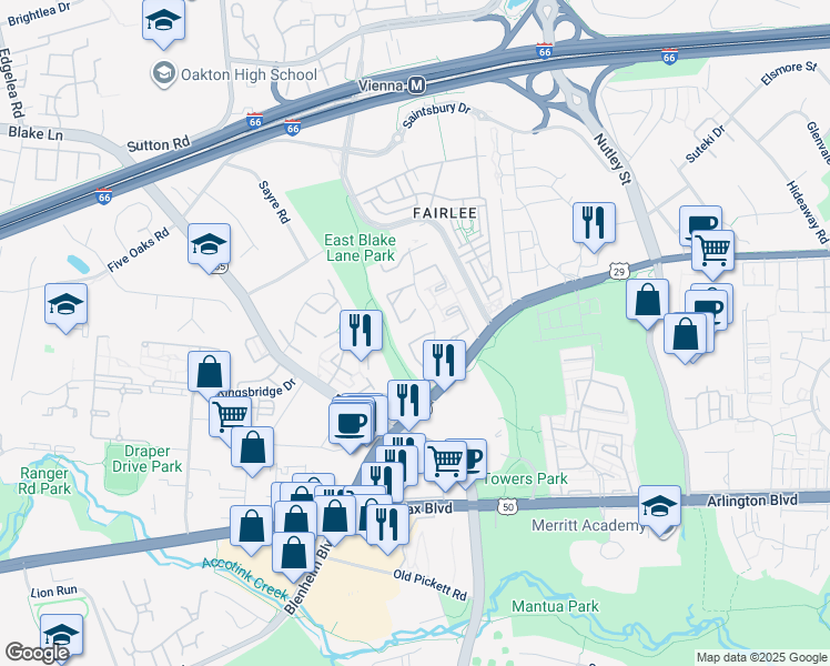 map of restaurants, bars, coffee shops, grocery stores, and more near 3032 Southern Elm Court in Fairfax