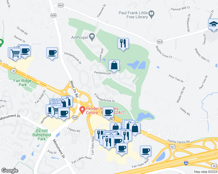 map of restaurants, bars, coffee shops, grocery stores, and more near 12008 Johns Place in Fairfax