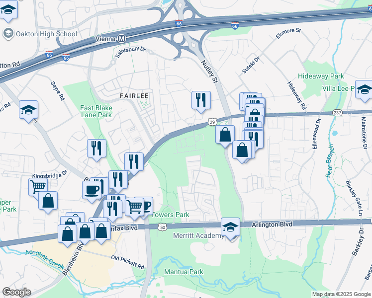 map of restaurants, bars, coffee shops, grocery stores, and more near 9335 Lemon Mint Court in Fairfax