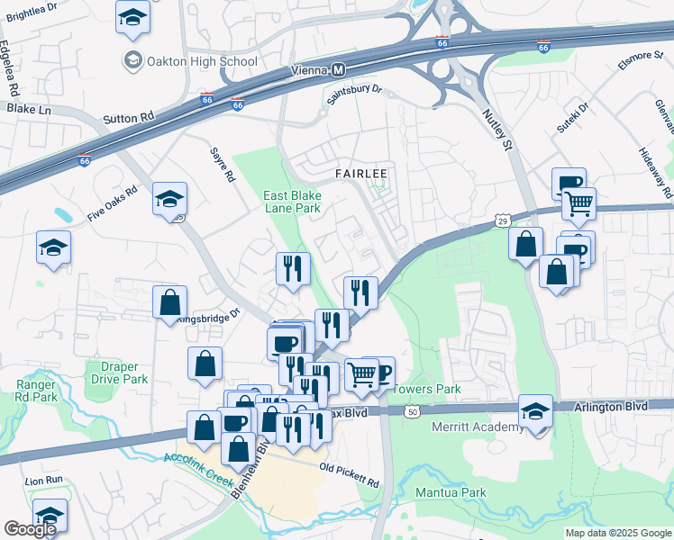 map of restaurants, bars, coffee shops, grocery stores, and more near 3032 Southern Elm Court in Fairfax