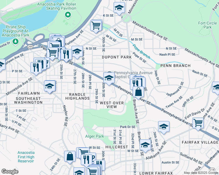 map of restaurants, bars, coffee shops, grocery stores, and more near 1650 30th Street Southeast in Washington