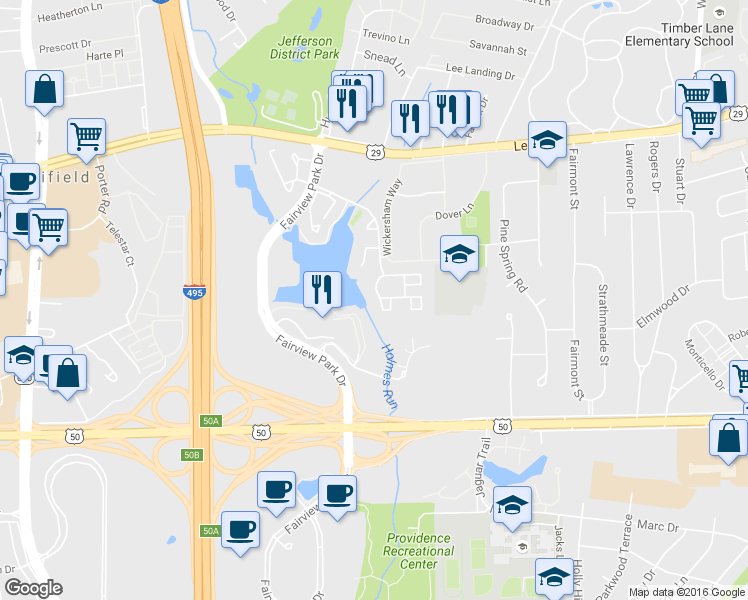 map of restaurants, bars, coffee shops, grocery stores, and more near 7749 Inversham Drive in Falls Church