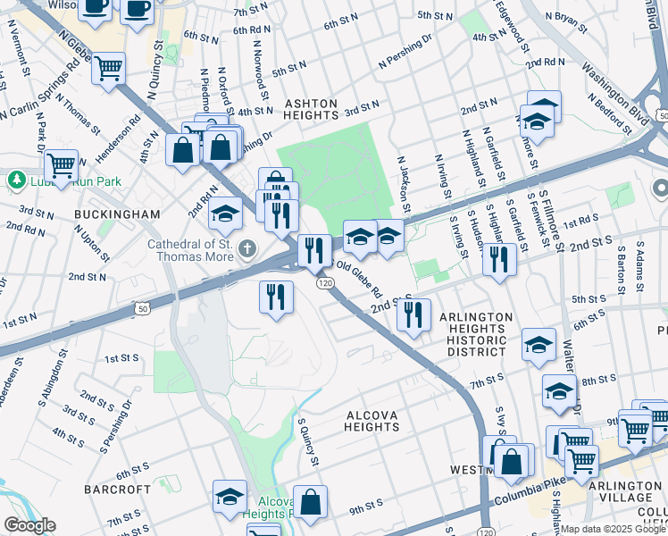 map of restaurants, bars, coffee shops, grocery stores, and more near 22 South Old Glebe Road in Arlington