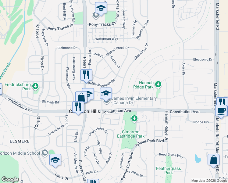 map of restaurants, bars, coffee shops, grocery stores, and more near 6965 Allens Park Drive in Colorado Springs