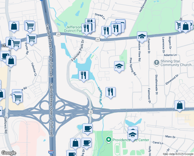 map of restaurants, bars, coffee shops, grocery stores, and more near 7749 Inversham Drive in Falls Church