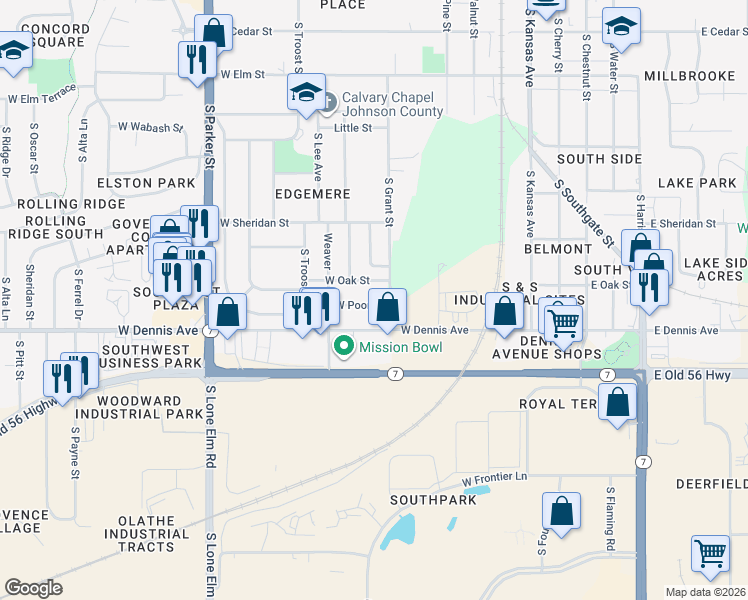 map of restaurants, bars, coffee shops, grocery stores, and more near 608 West Poor Street in Olathe