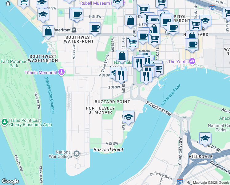 map of restaurants, bars, coffee shops, grocery stores, and more near 101 Independence Avenue Southeast in Washington