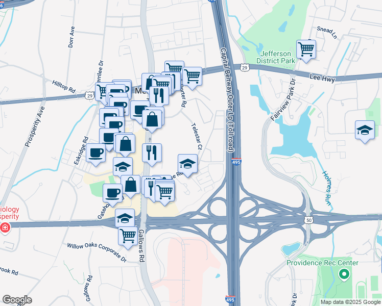 map of restaurants, bars, coffee shops, grocery stores, and more near 2990 Telestar Court in Falls Church