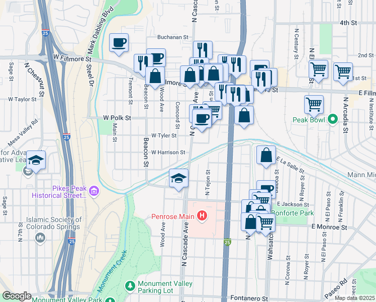map of restaurants, bars, coffee shops, grocery stores, and more near 2525 North Cascade Avenue in Colorado Springs