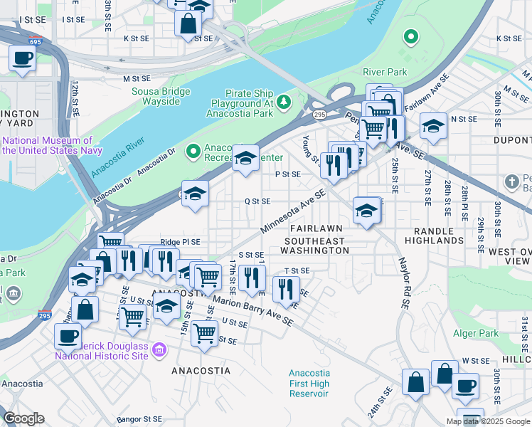 map of restaurants, bars, coffee shops, grocery stores, and more near 1616 18th Street Southeast in Washington