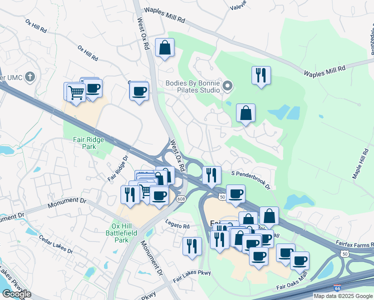 map of restaurants, bars, coffee shops, grocery stores, and more near 3918 Penderview Drive in Fairfax