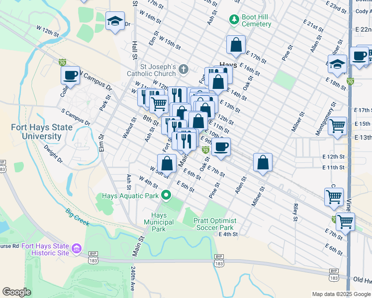 map of restaurants, bars, coffee shops, grocery stores, and more near 104 East 7th Street in Hays