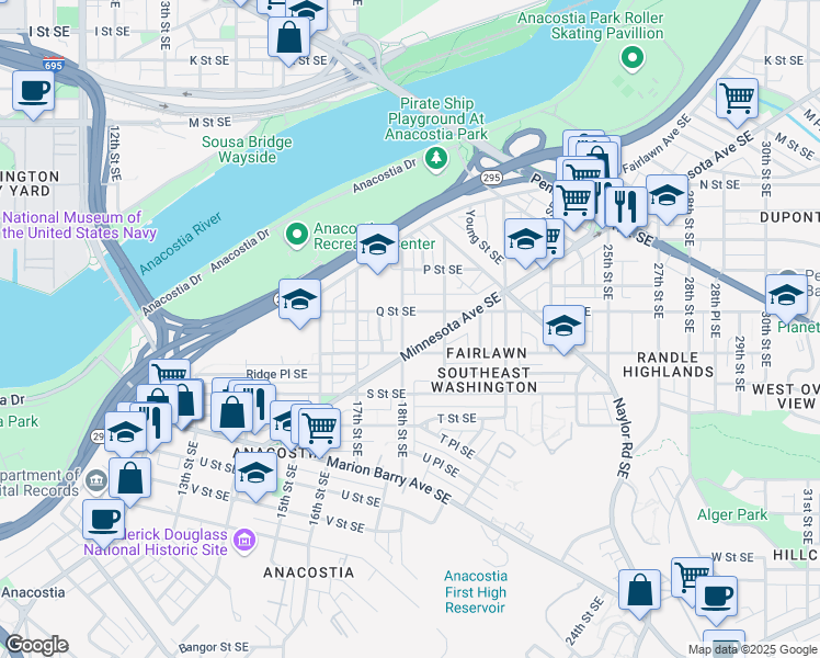 map of restaurants, bars, coffee shops, grocery stores, and more near 1616 18th Street Southeast in Washington