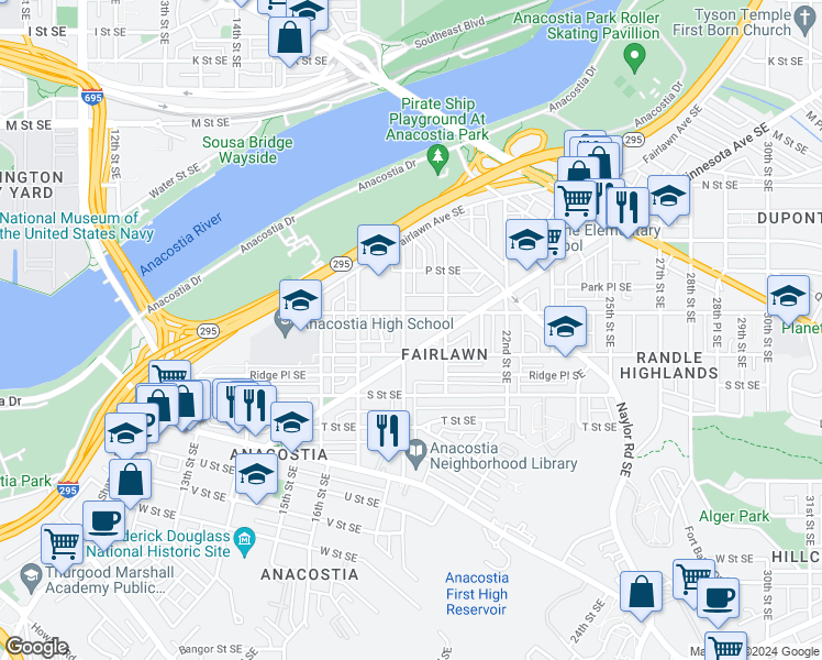 map of restaurants, bars, coffee shops, grocery stores, and more near 1616 18th Street Southeast in Washington