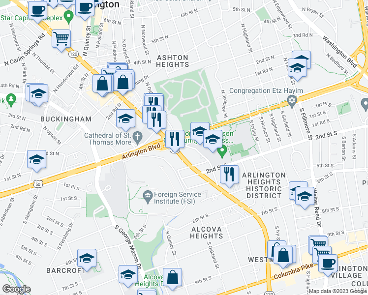 map of restaurants, bars, coffee shops, grocery stores, and more near 20 South Old Glebe Road in Arlington