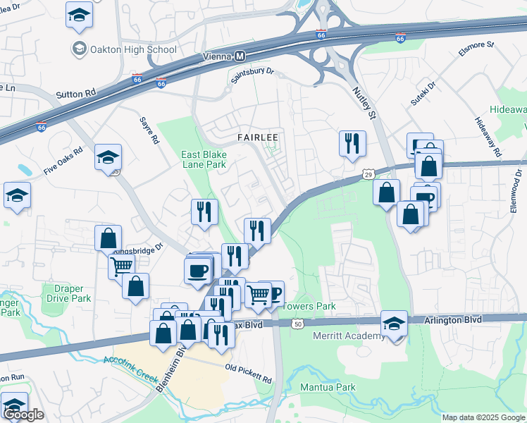 map of restaurants, bars, coffee shops, grocery stores, and more near 3070 White Birch Court in Fairfax