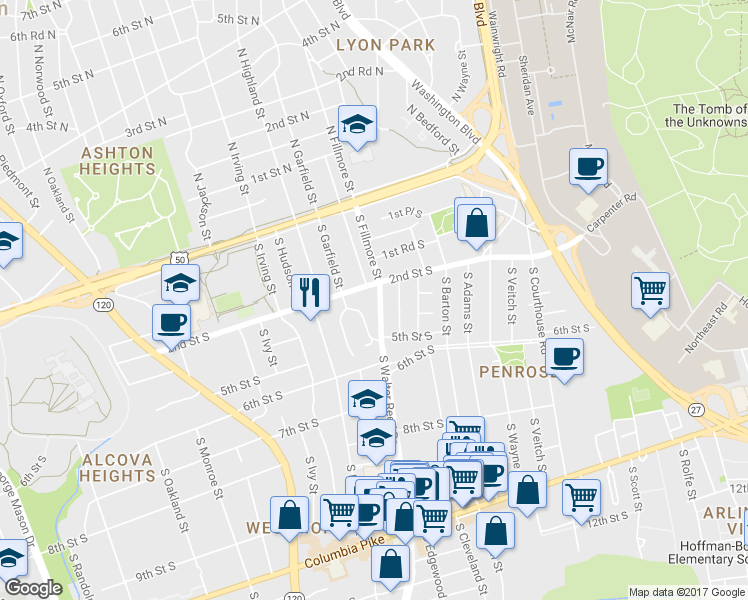map of restaurants, bars, coffee shops, grocery stores, and more near 306 South Fillmore Street in Arlington