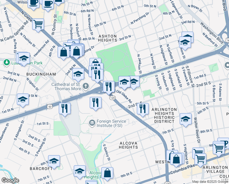 map of restaurants, bars, coffee shops, grocery stores, and more near 20 South Old Glebe Road in Arlington