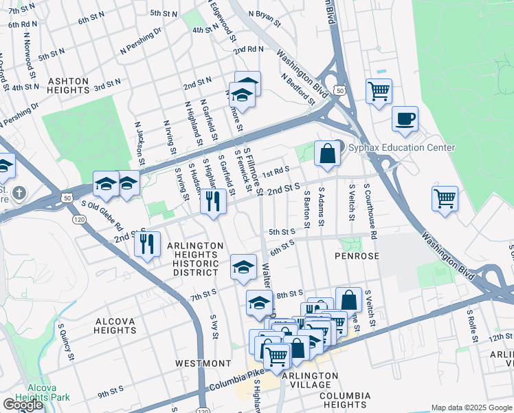 map of restaurants, bars, coffee shops, grocery stores, and more near 306 South Fillmore Street in Arlington