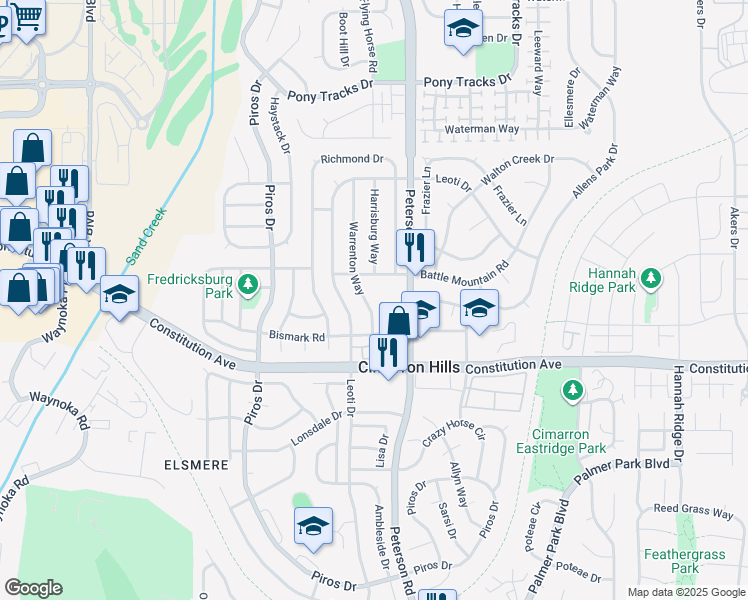 map of restaurants, bars, coffee shops, grocery stores, and more near 2665 Warrenton Way in Colorado Springs