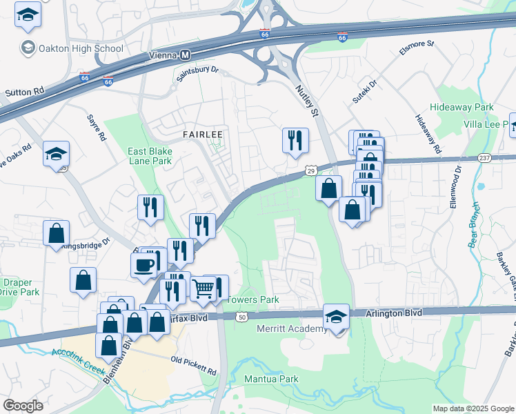 map of restaurants, bars, coffee shops, grocery stores, and more near 3068 Wild Blue Indigo Court in Fairfax