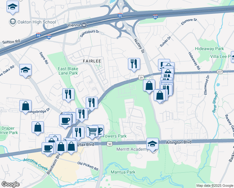map of restaurants, bars, coffee shops, grocery stores, and more near 3068 Wild Blue Indigo Court in Fairfax