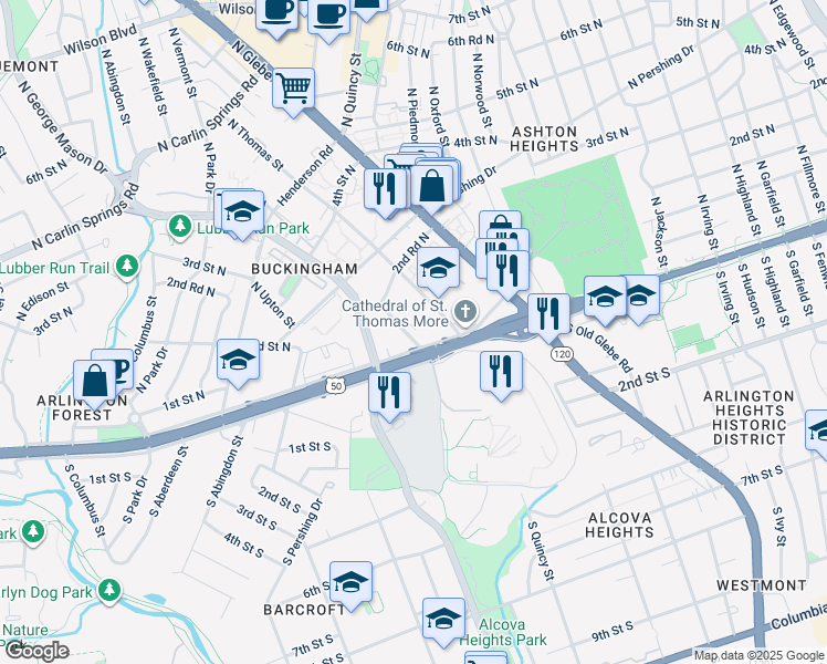 map of restaurants, bars, coffee shops, grocery stores, and more near 31 North Trenton Street in Arlington