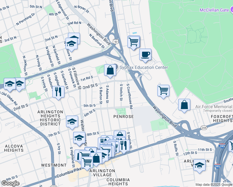 map of restaurants, bars, coffee shops, grocery stores, and more near 329 South Wayne Street in Arlington