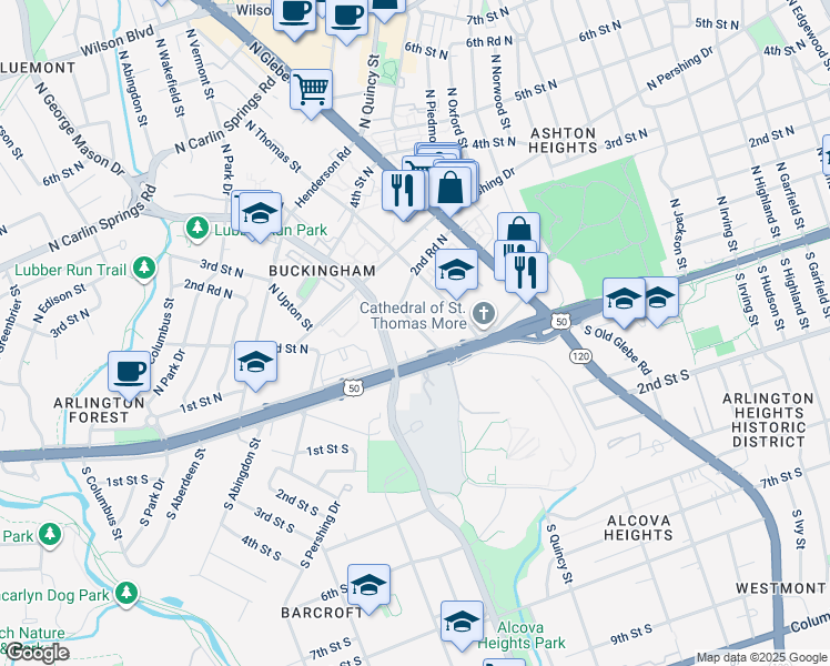 map of restaurants, bars, coffee shops, grocery stores, and more near 104 North Trenton Street in Arlington