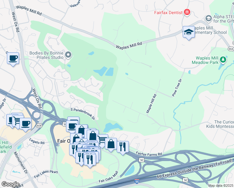 map of restaurants, bars, coffee shops, grocery stores, and more near 11808 Valley Road in Fairfax