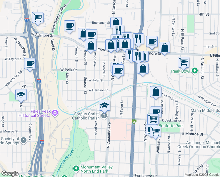 map of restaurants, bars, coffee shops, grocery stores, and more near 2727 North Cascade Avenue in Colorado Springs