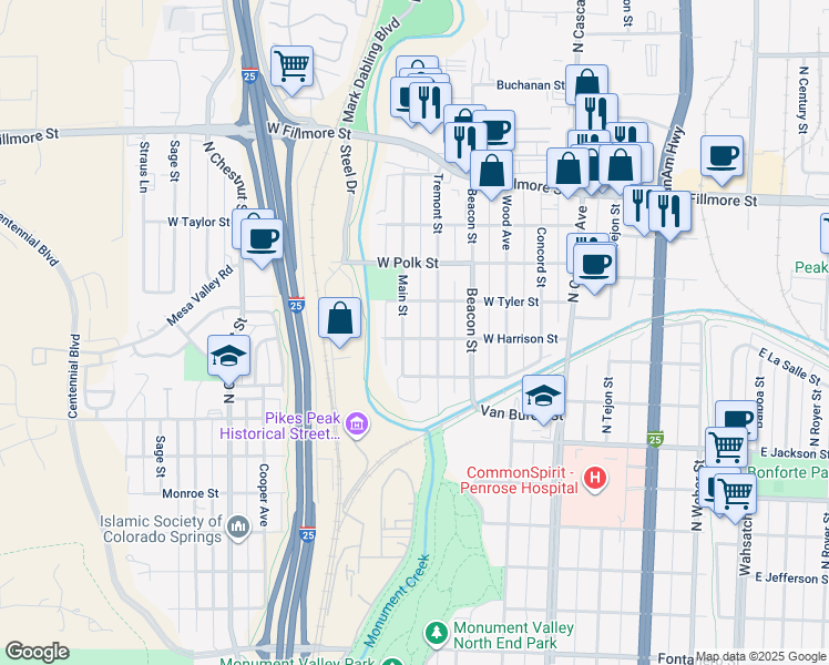 map of restaurants, bars, coffee shops, grocery stores, and more near 413 West Tyler Street in Colorado Springs